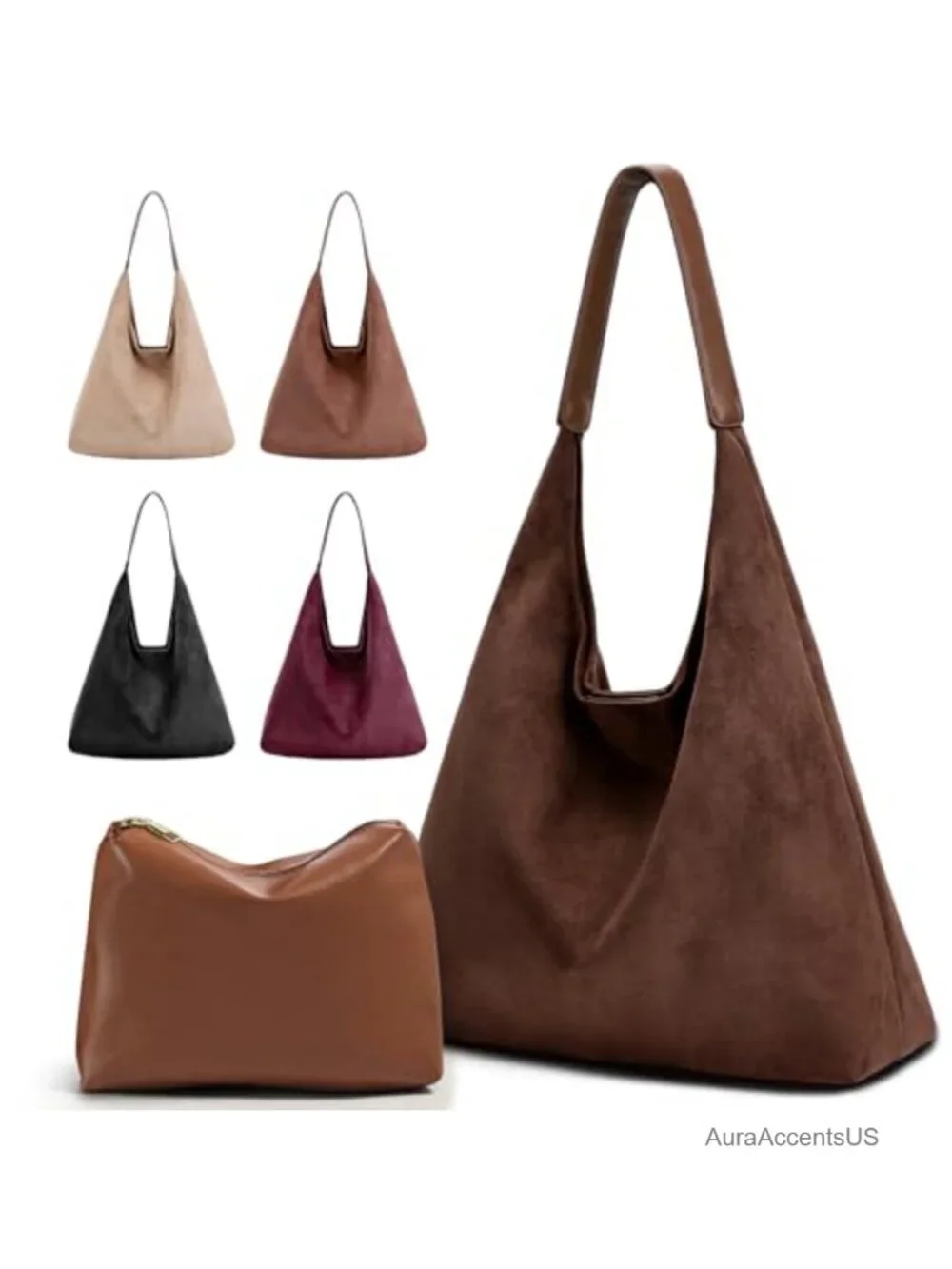 2-Piece Vegan Leather Purse Set: Suede Hobo Bag & Mini Tote